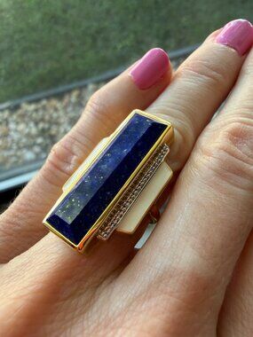 NIB WOW Art Deco Lapis & White Topaz Enamel in 18kt Gold Over Sterling - 5 -5.25